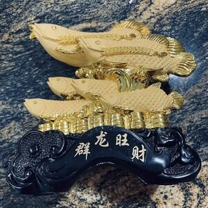Gold Arowana Fish Feng Shui Resin Figurine Chinese Wealth Coins Decor Small